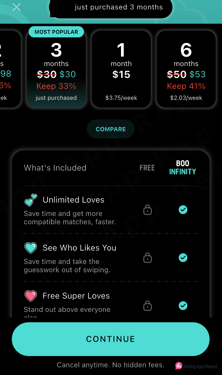 The six-month Boo Infinity plan shows $50 crossed out beside $53.