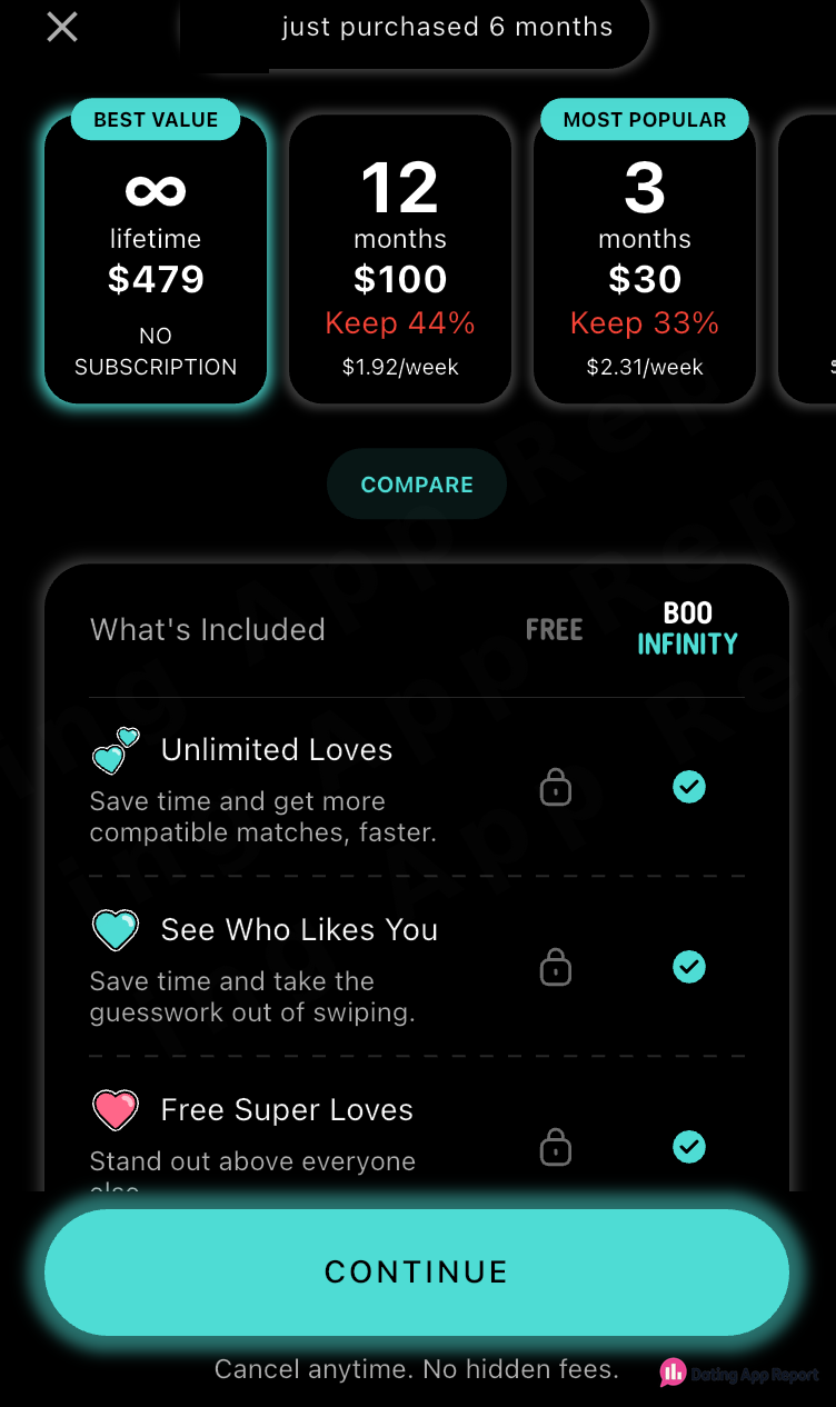 Boo Infinity displays a $479 lifetime option labeled “NO SUBSCRIPTION.”