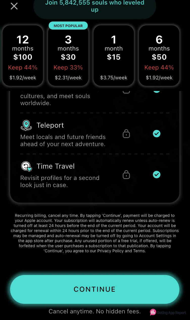 Boo subscription plans from $15 for one month to $100 for twelve months, with auto-renewal terms billed through Apple.