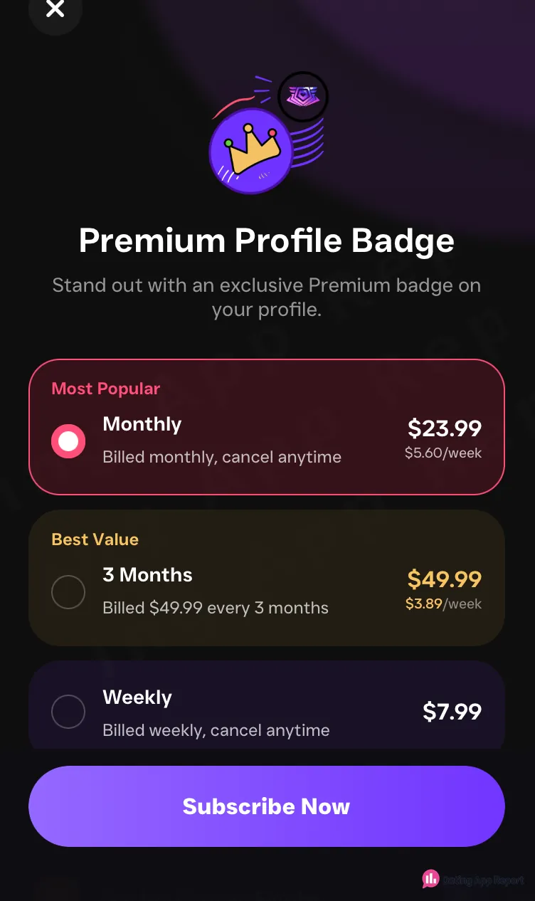 Premium subscription screen listing monthly $23.99, three-month $49.99, and weekly $7.99 plans, with Monthly preselected.