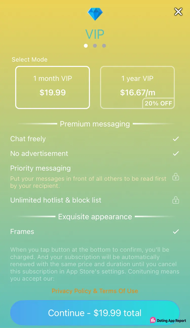 SayHi VIP page lists 1 month for $19.99 or 1 year at $16.67/m, with auto-renewal terms.