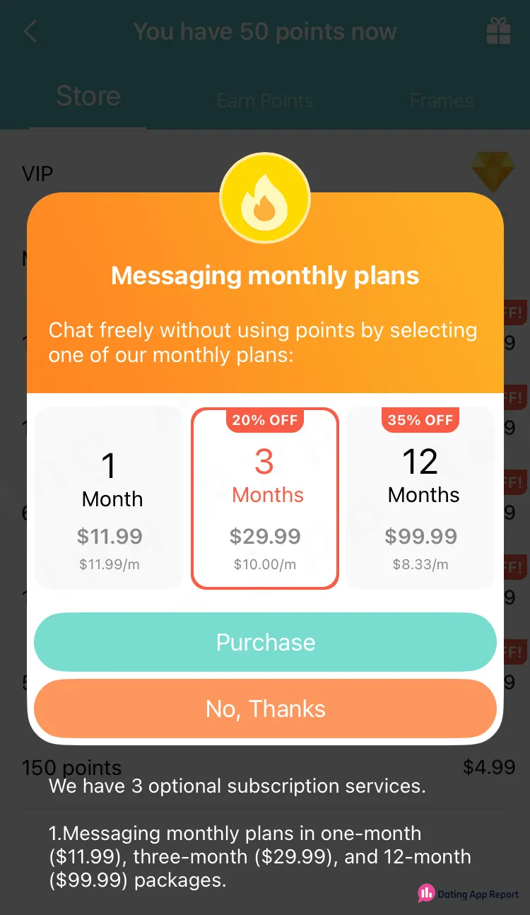 Messaging monthly plans pop-up lists 1 month at $11.99, 3 months at $29.99 and 12 months at $99.99.