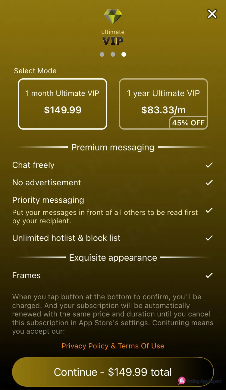 Ultimate VIP plan page lists $149.99 for 1 month or $83.33/m yearly (45% off), with auto-renewal terms.