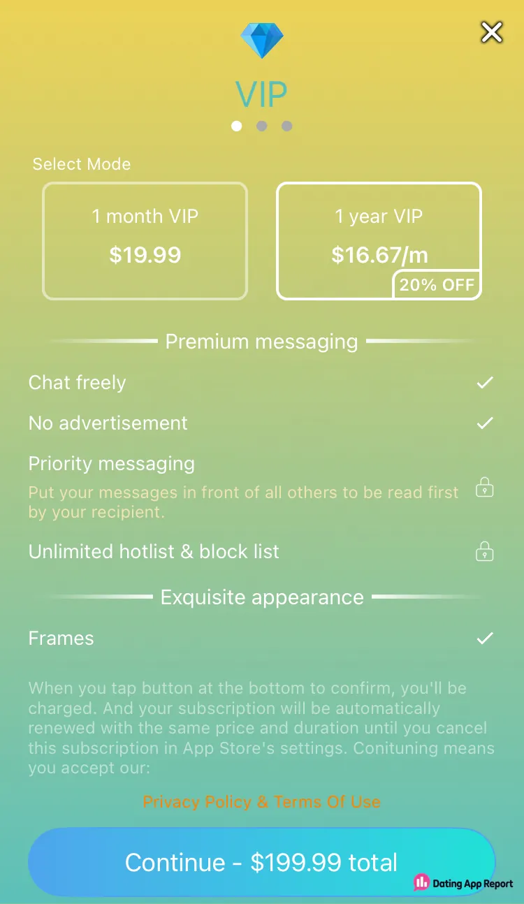 SayHi VIP page lists 1 month at $19.99 and 1 year at $16.67/m, with auto-renewal terms.