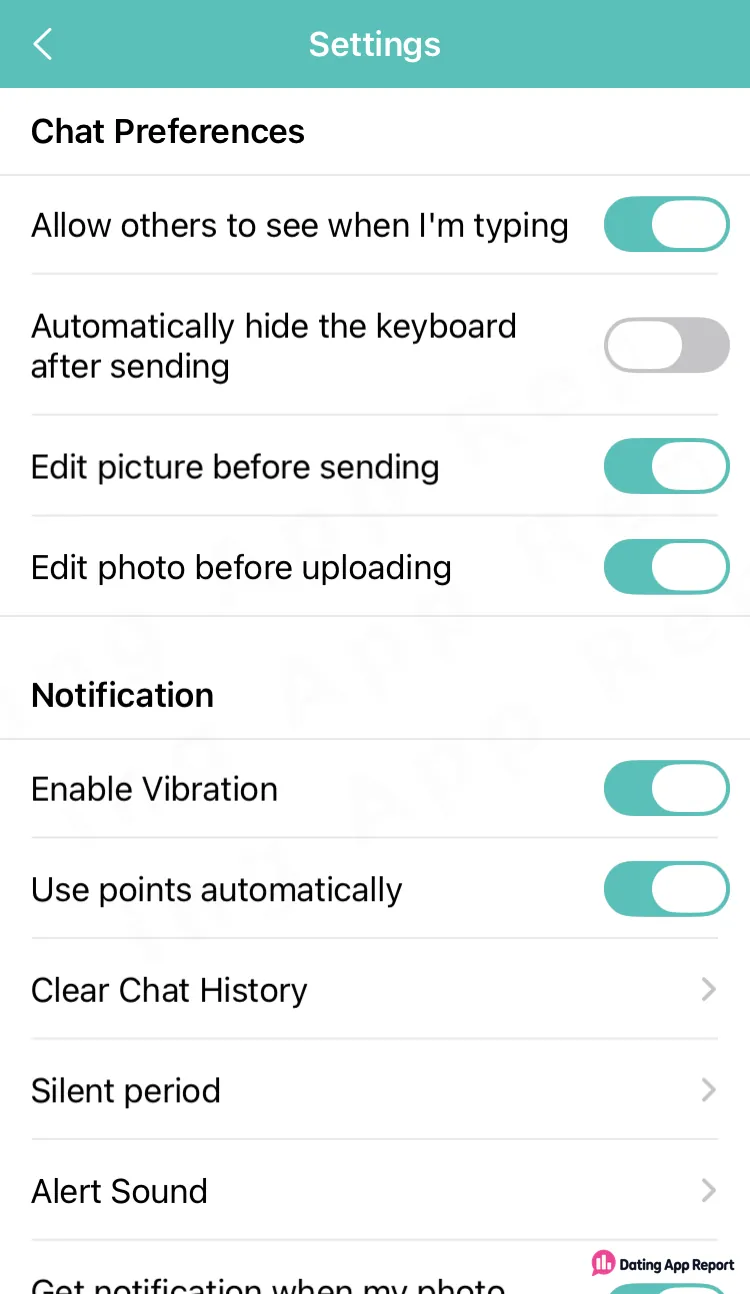 SayHi Settings screen where the "Use points automatically" switch is on, along with chat and notification switches.