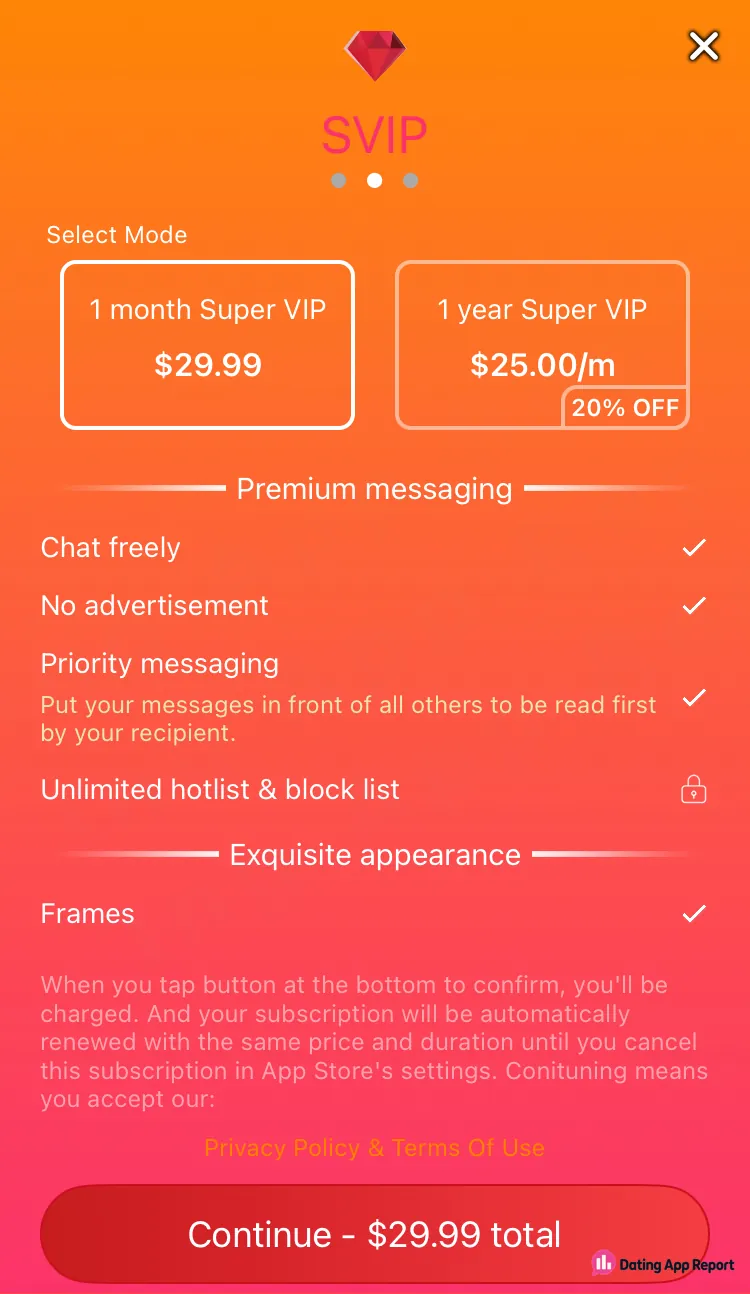 Super VIP plans cost $29.99 for 1 month or $25.00/m for 1 year, with features listed.