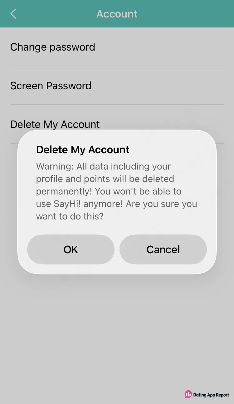 SayHi Account screen with a Delete My Account prompt warning that profile and points are permanently deleted.