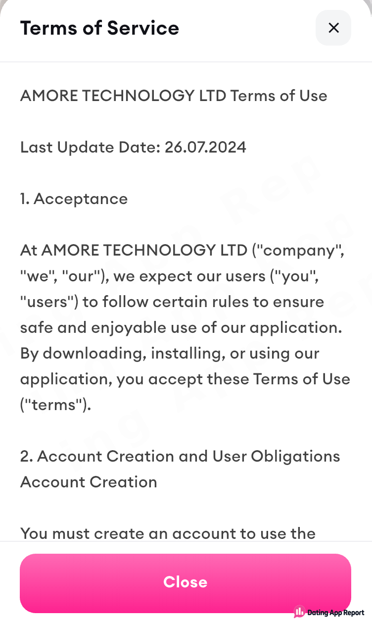In-app Terms of Use naming AMORE TECHNOLOGY LTD.