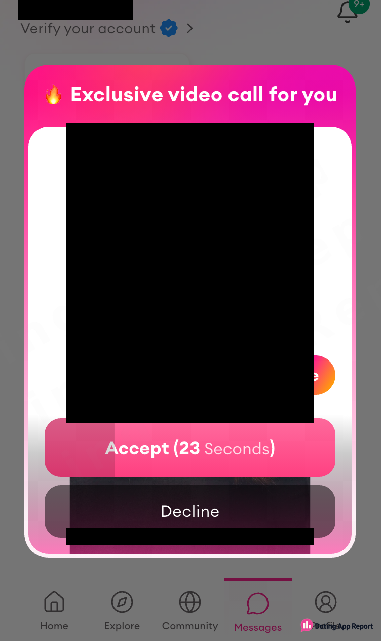 Pop-up offering an "Exclusive video call for you" with a redacted photo, a countdown Accept button and a Decline button.