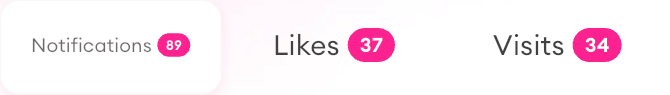 The Notifications screen shows 89 notifications, 37 likes, and 34 visits.