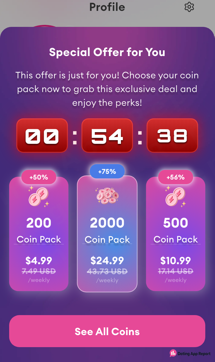 A special offer lists 200, 500, and 2,000-coin packs with “/weekly” prices.