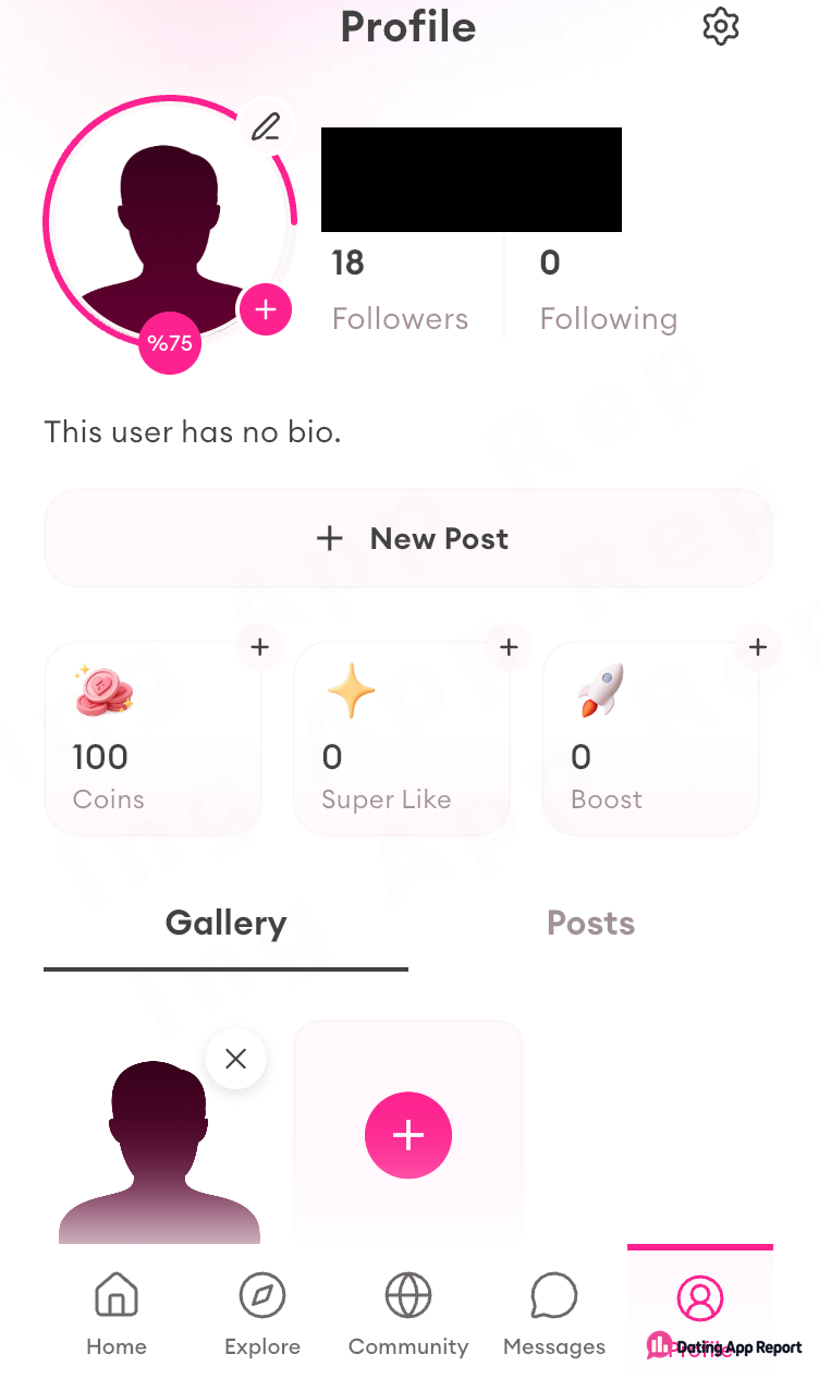 Amore profile page with name redacted, showing followers but zero following, no bio, 100 coins, and a placeholder photo.