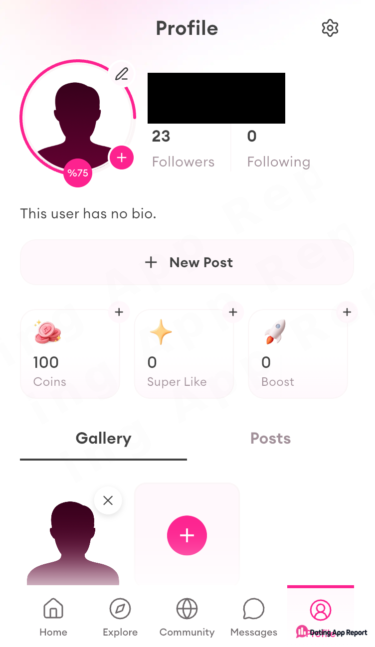 Amore profile page: name redacted, a follower count, no bio, a coin balance, zero Super Likes, zero Boosts.