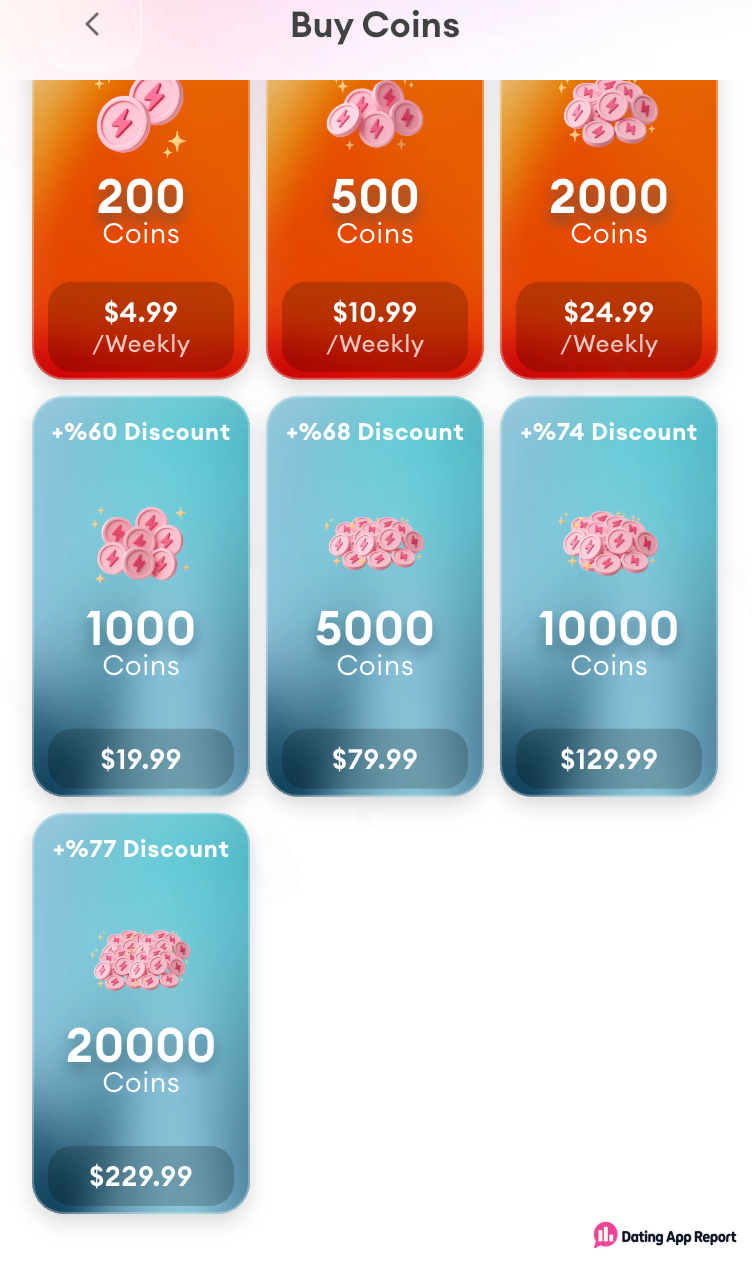 Buy Coins screen listing 1,000 coins for $19.99.