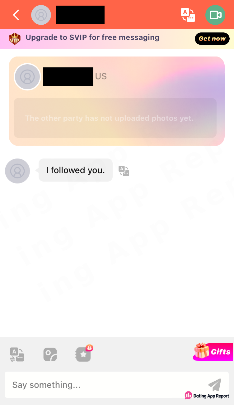 Chat screen with an “Upgrade to SVIP for free messaging” banner.