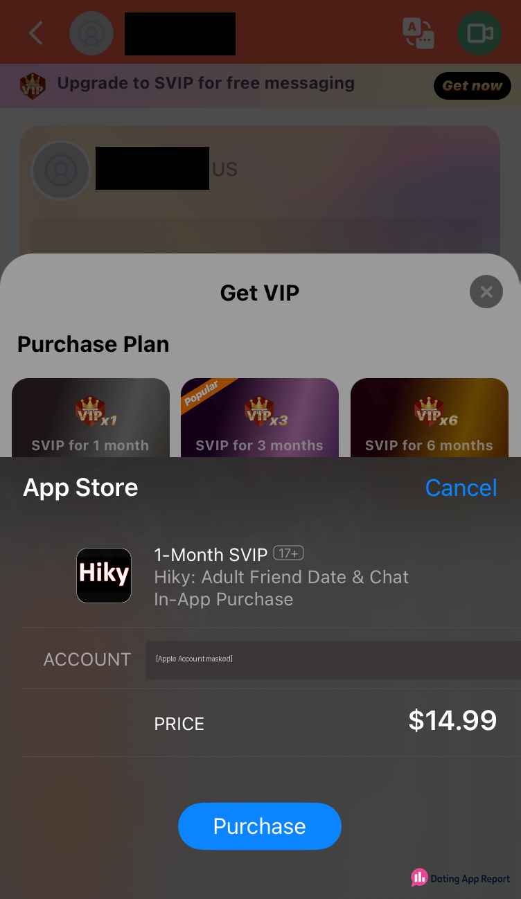 An App Store purchase sheet showing Hiky’s 1-Month SVIP for $14.99.