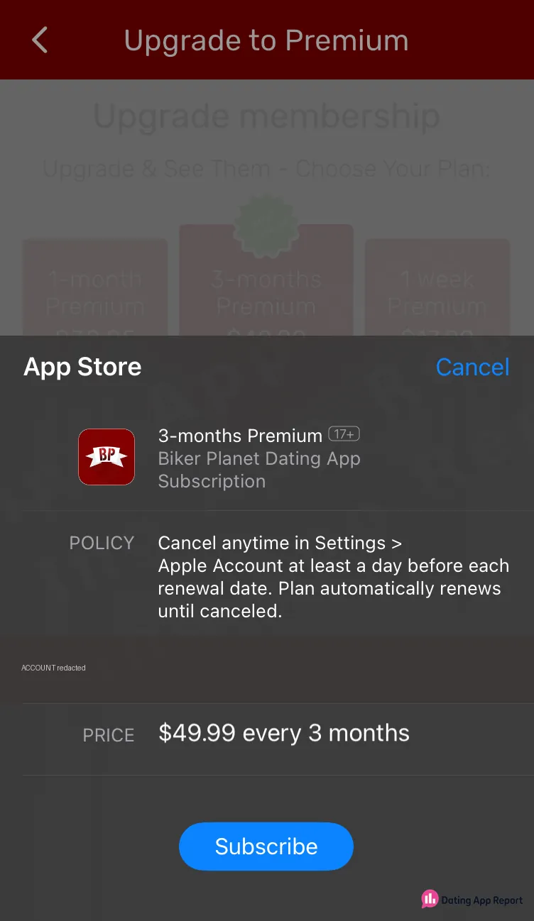 App Store purchase sheet showing 3-months Premium for $49.99 every 3 months.