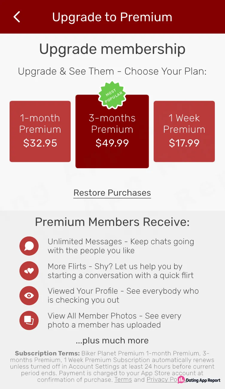 Premium pricing options for one week, one month, and three months.
