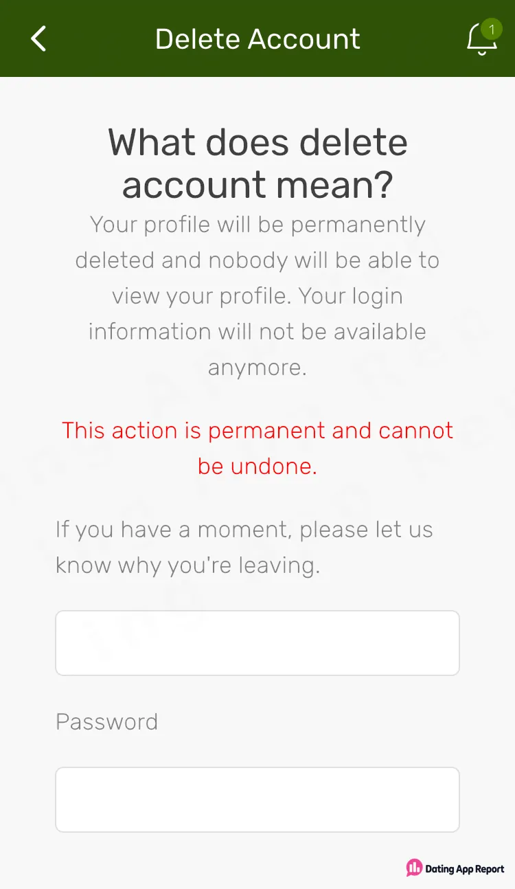 The Delete Account page warns deletion is permanent, asks optionally why you're leaving, and has a password field.