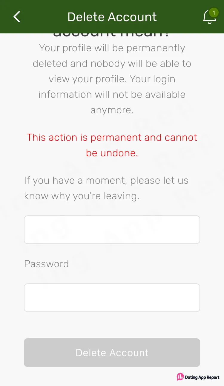 The Delete Account page says deletion is permanent, asks why you're leaving, and asks for your password.