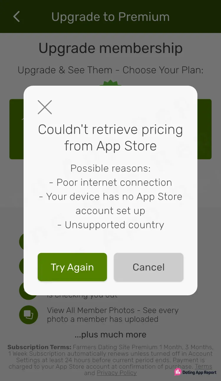 The Premium upgrade page shows a pricing error with no prices, above auto-renewal terms for 1-week, 1-month and 3-month plans.