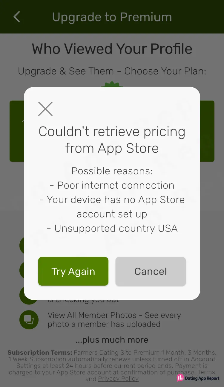 Who Viewed Your Profile upgrade page, covered by a "Couldn't retrieve pricing from App Store" error; no plan prices appear.
