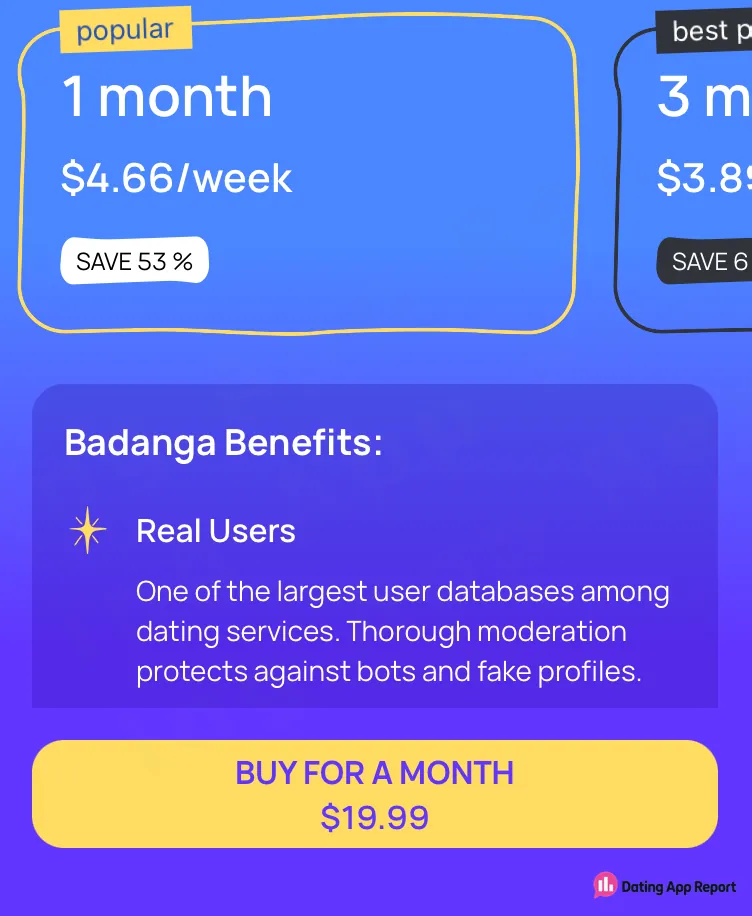 Badanga subscription screen showing the one-month option at $4.66 per week.