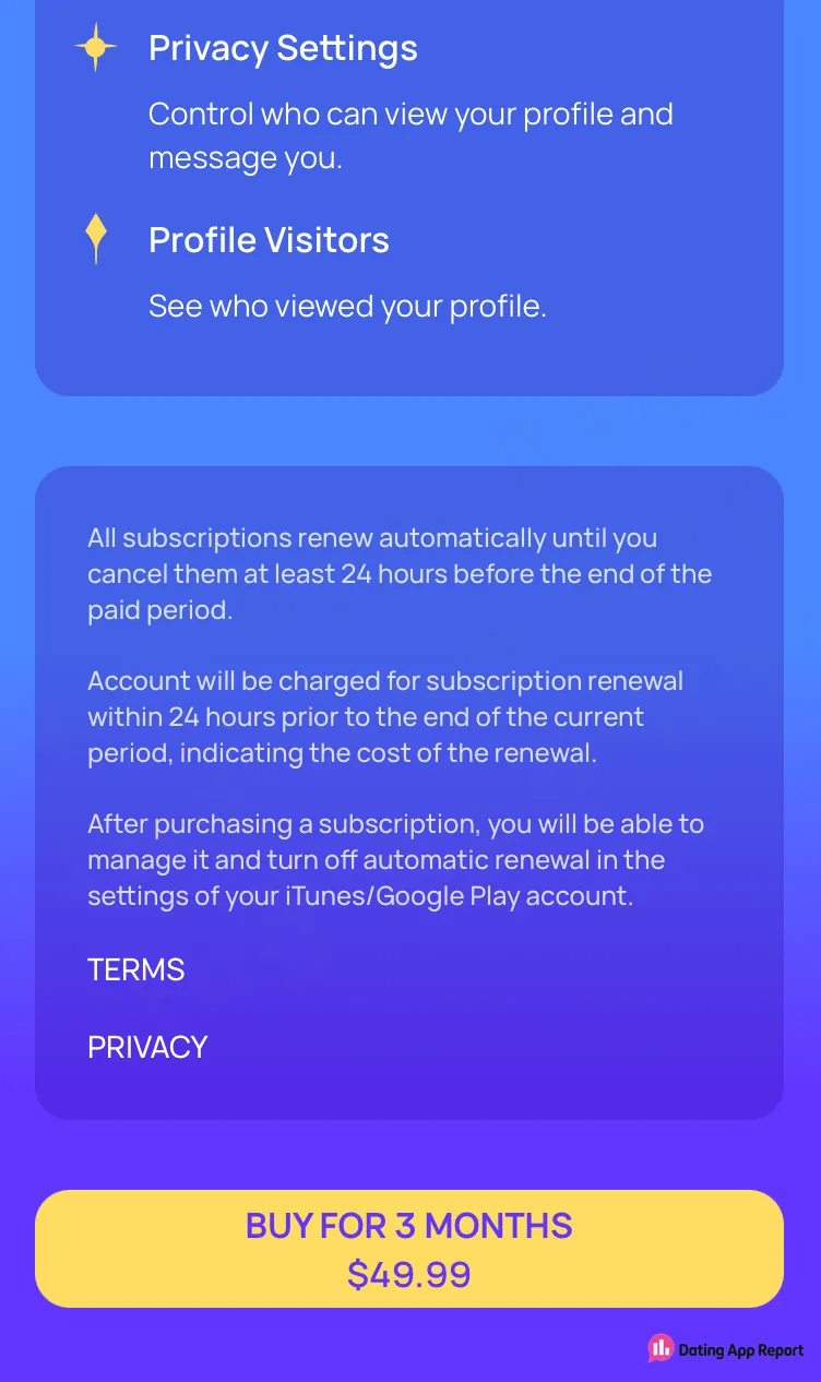 Subscription page says plans renew automatically unless canceled before the period ends; three months cost $49.99.