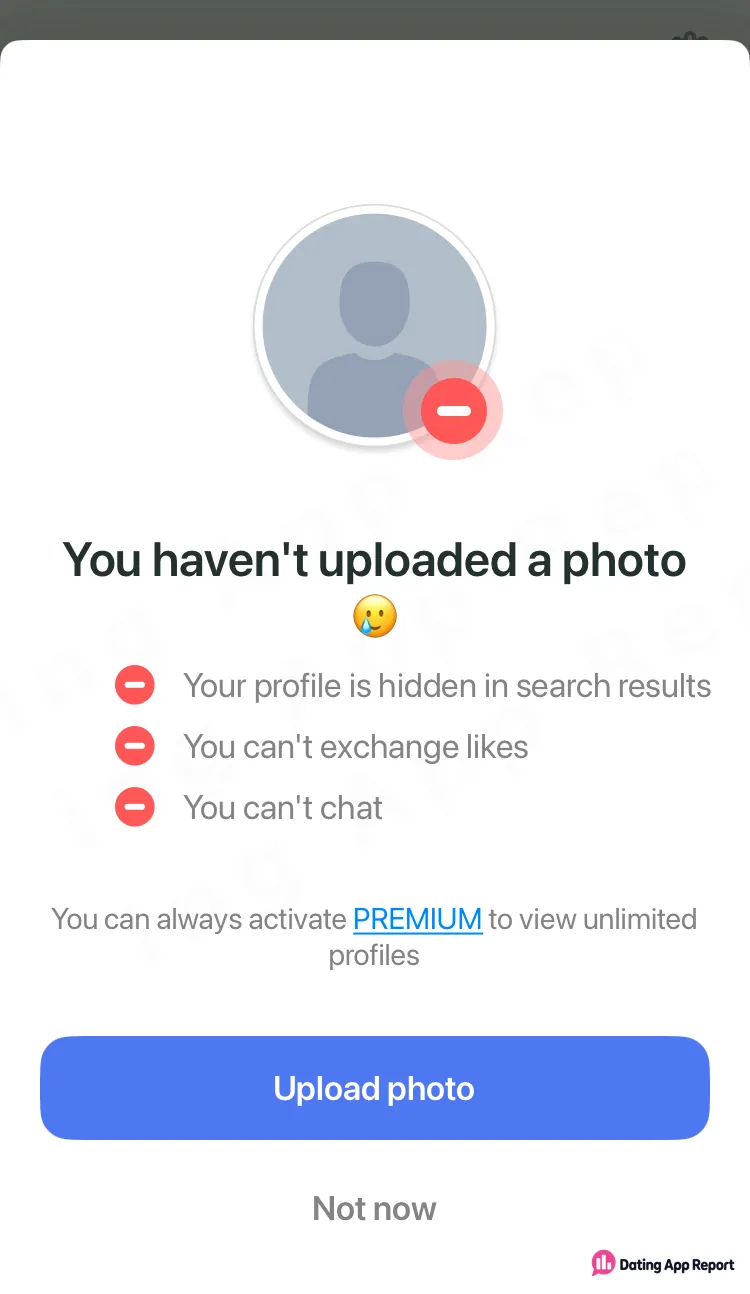 Notice says that without a photo your profile is hidden, likes and chat are off, and offers PREMIUM.