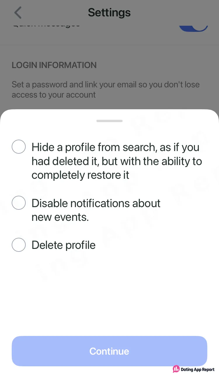 A sheet over Settings offers three choices: hide the profile, disable notifications, or delete the profile, with a Continue button.