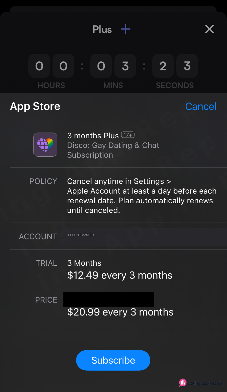 App Store sheet listing three months of Plus for $12.49, followed by $20.99 every three months.