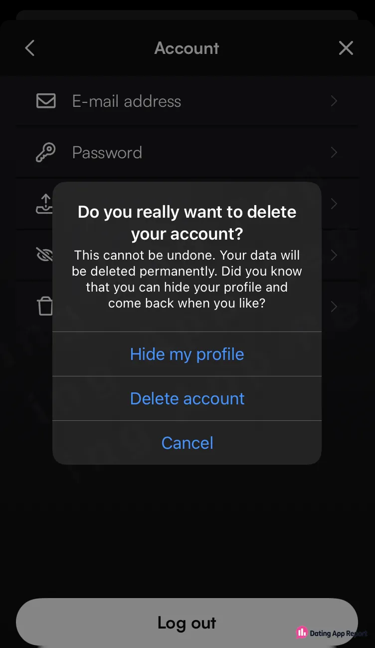 Account-deletion confirmation warning that data will be deleted permanently and cannot be recovered.