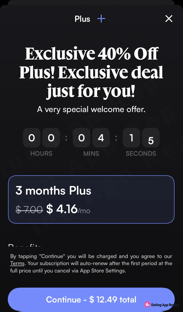Plus welcome offer showing three months at $4.16 per month and $12.49 total.