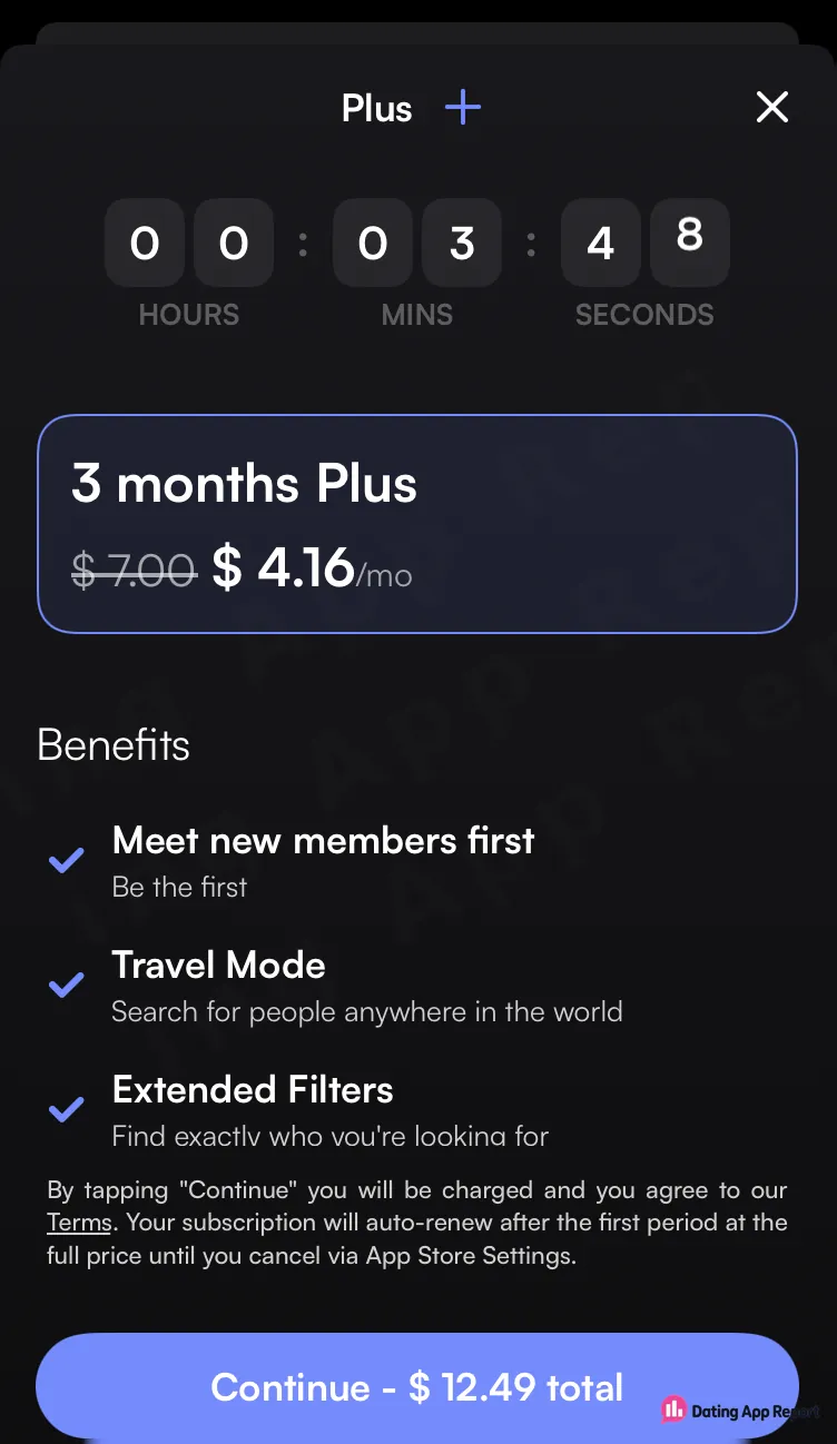 Plus subscription offer showing three months at $4.16 per month and $12.49 total.