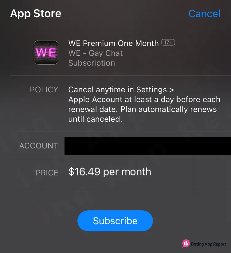 App Store purchase sheet listing WE Premium One Month at $16.49 per month.