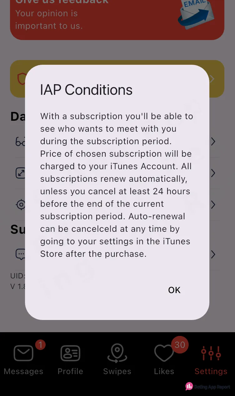 IAP Conditions state that subscriptions automatically renew unless canceled at least 24 hours before the current period ends.