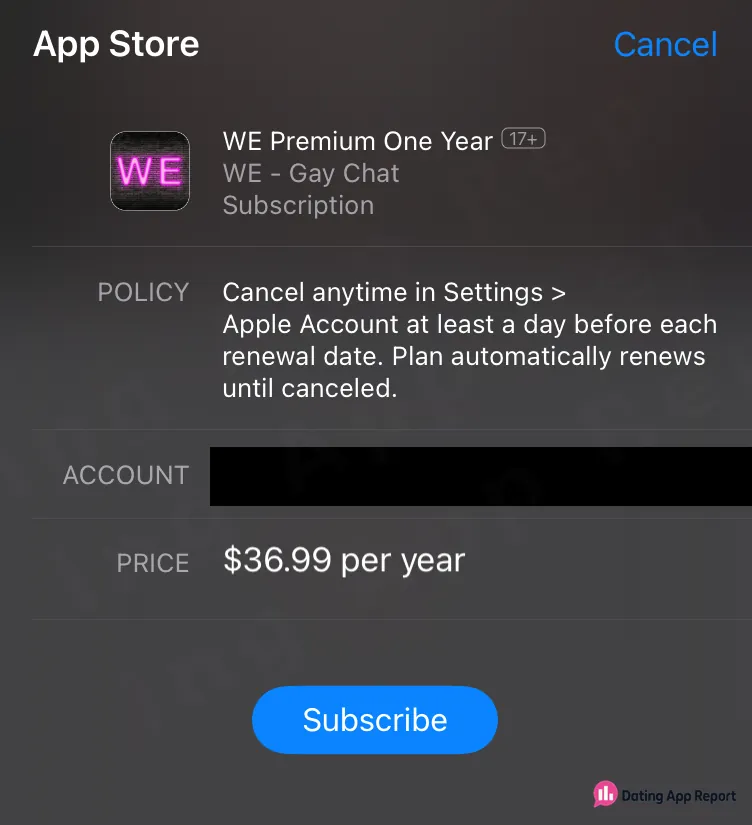 App Store purchase sheet listing WE Premium One Year at $36.99 per year.