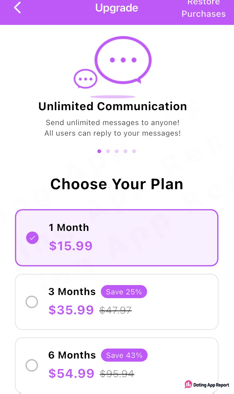 Upgrade screen listing one-, three-, and six-month plans for $15.99, $35.99, and $54.99.