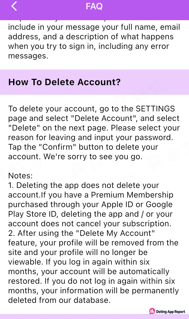 FAQ stating that logging in within six months of account deletion automatically restores the account.