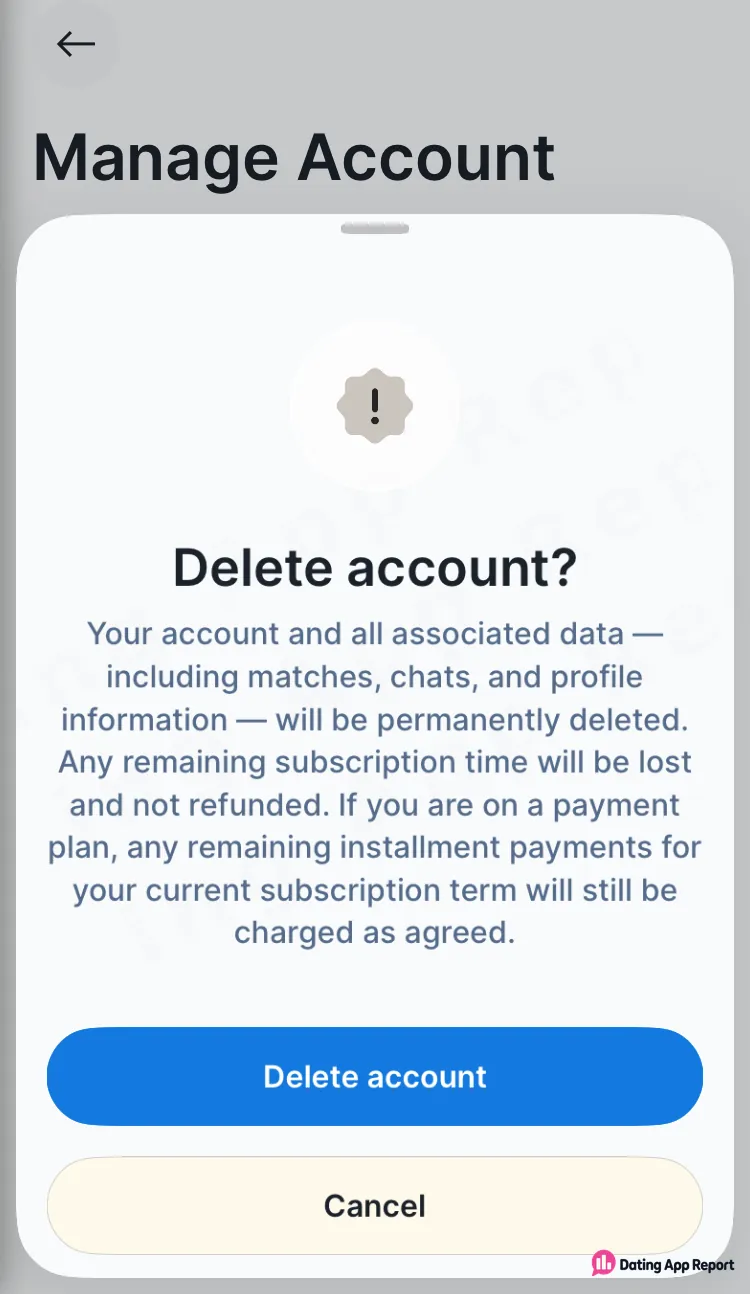 Delete account confirmation warns that data is erased, remaining subscription time isn't refunded, and installments are still charged.