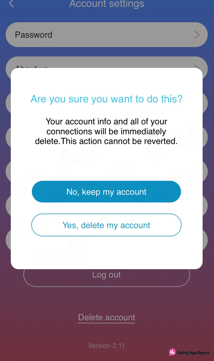 Account-deletion confirmation warning that account information and connections will be deleted immediately and cannot be restored.