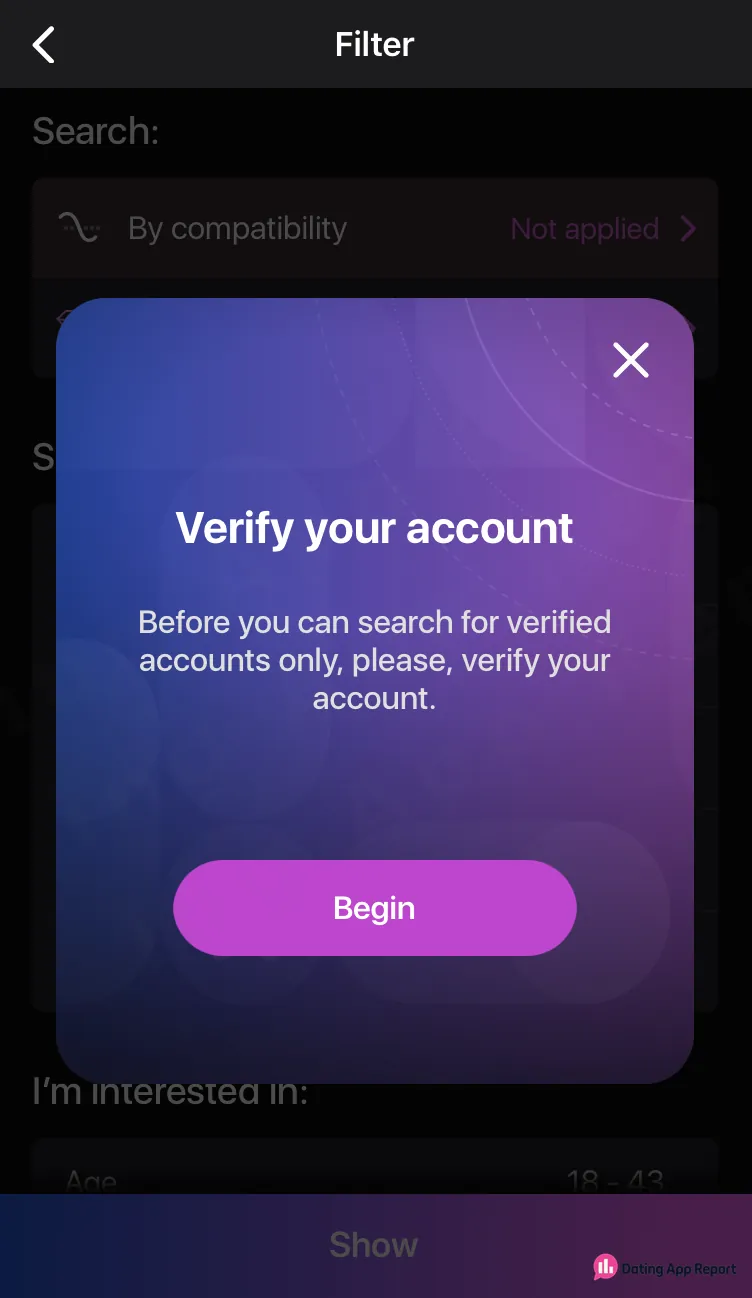 A pop-up on the Filter screen says you must verify your own account before searching for verified accounts only.