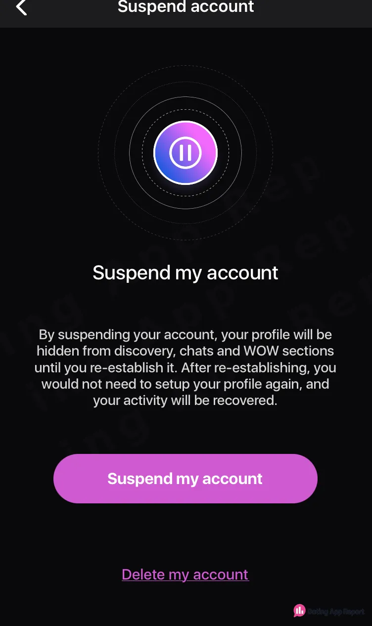 Fiorry explains that account suspension hides the profile from discovery, chats, and WOW sections until reactivation.