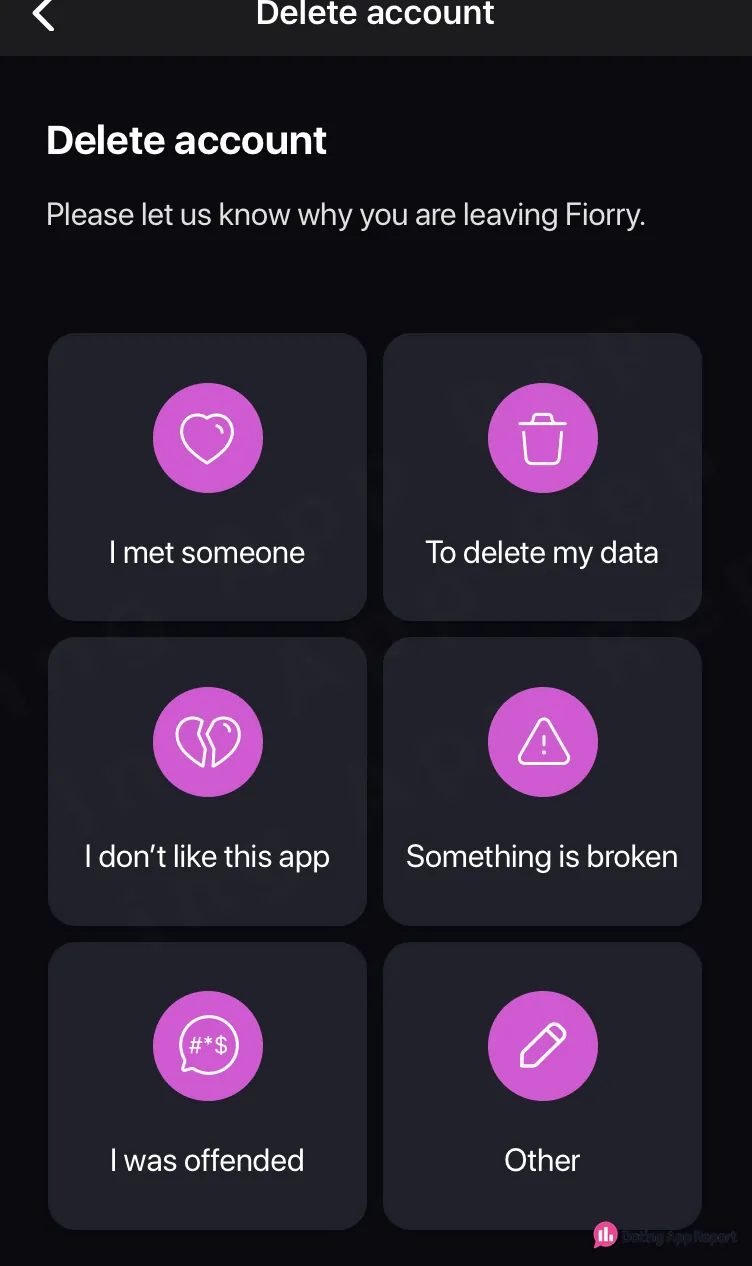 Fiorry's Delete account screen asks why you're leaving, with six reasons to choose from, including "I met someone" and "Other".