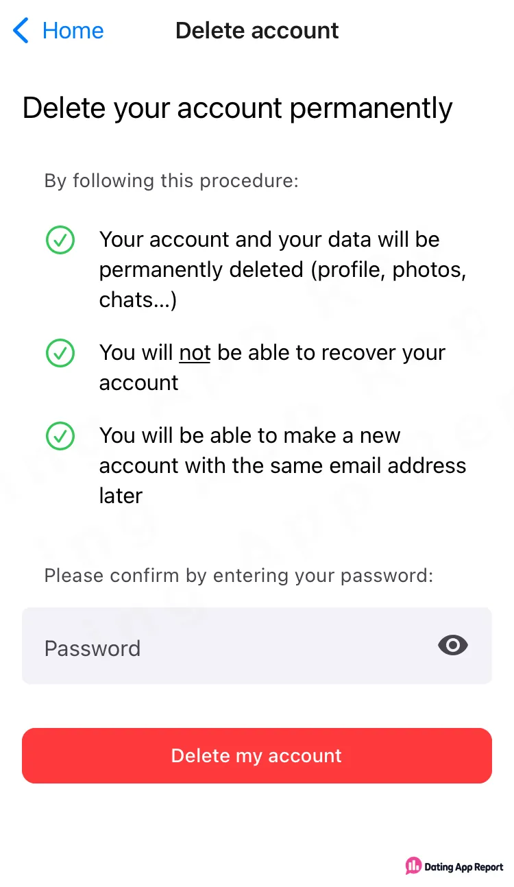 Account deletion screen warns of permanent data removal and requires a password for confirmation.