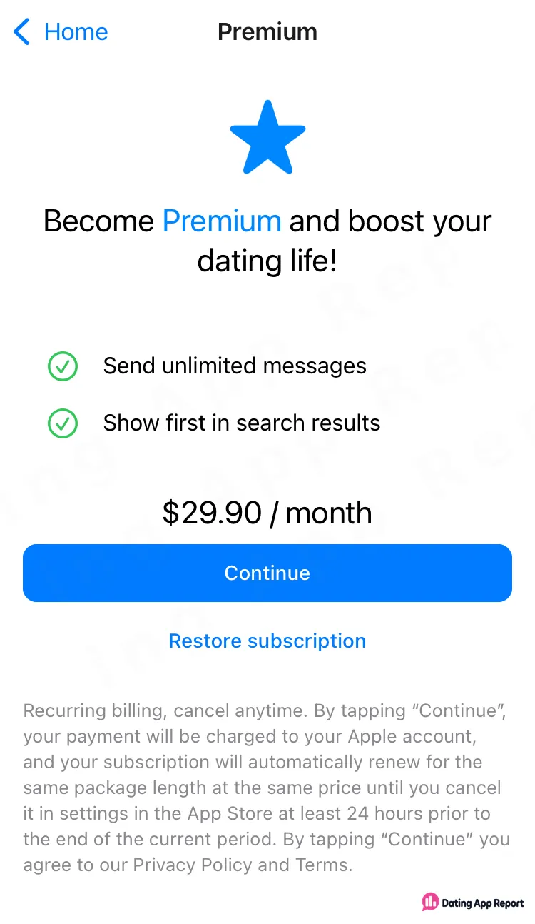 Premium screen offering unlimited messages and search priority for $29.90 monthly, with recurring billing terms.