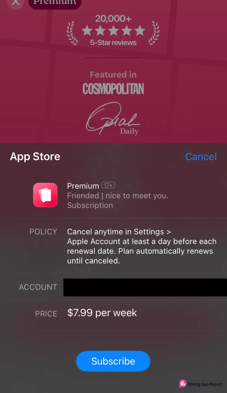 The App Store purchase sheet lists the Premium subscription at $7.99 per week.