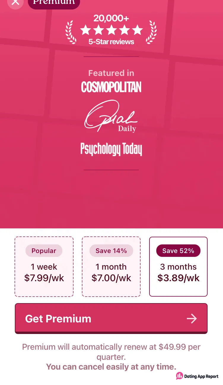 Selected three-month Premium plan showing $3.89 per week and renewal at $49.99 per quarter.