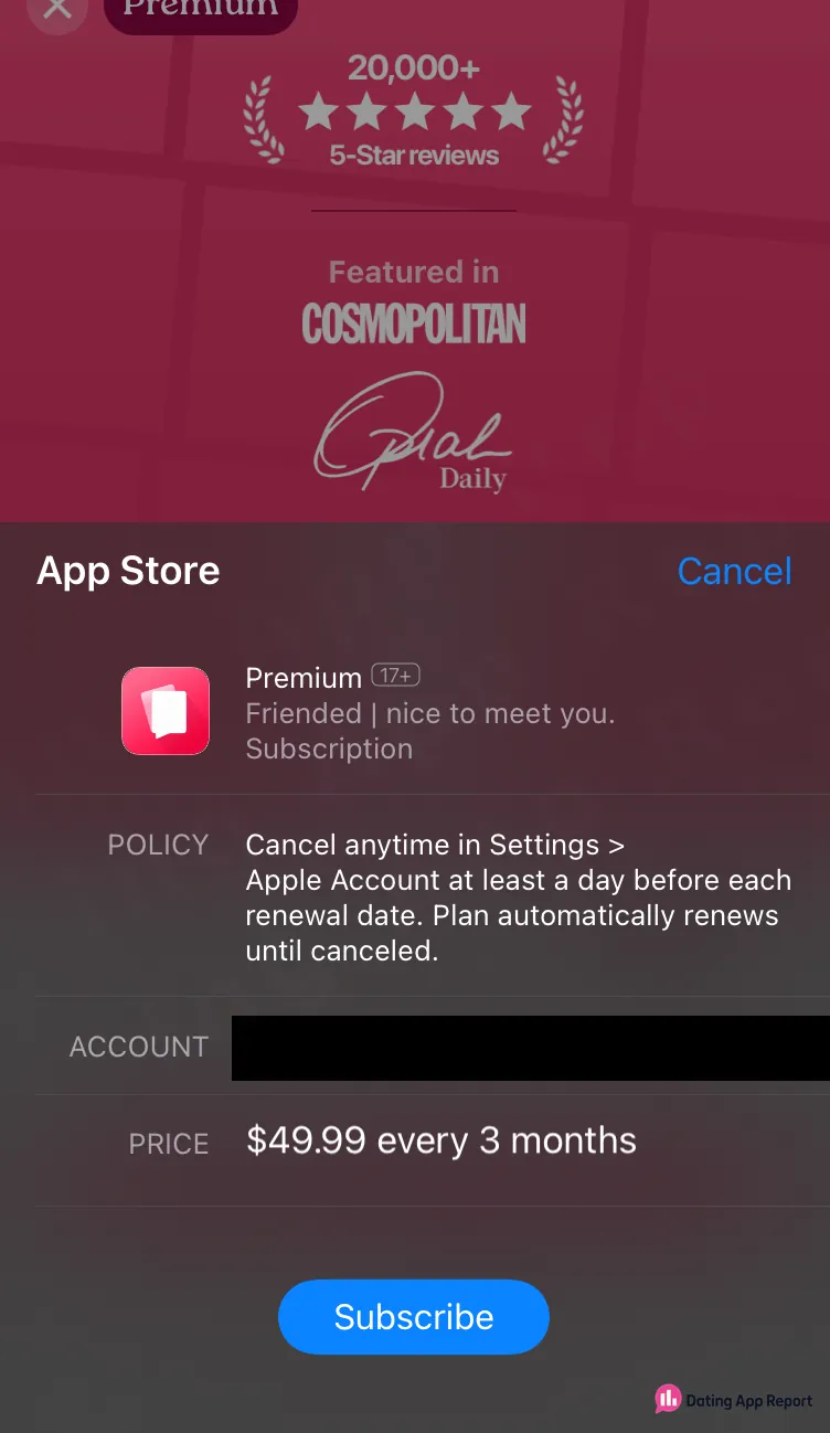 App Store subscription sheet listing Premium at $49.99 every three months.
