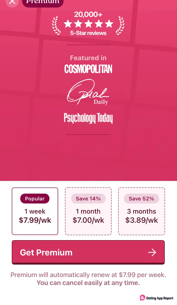 Selected one-week Premium plan showing a $7.99 weekly price and renewal.